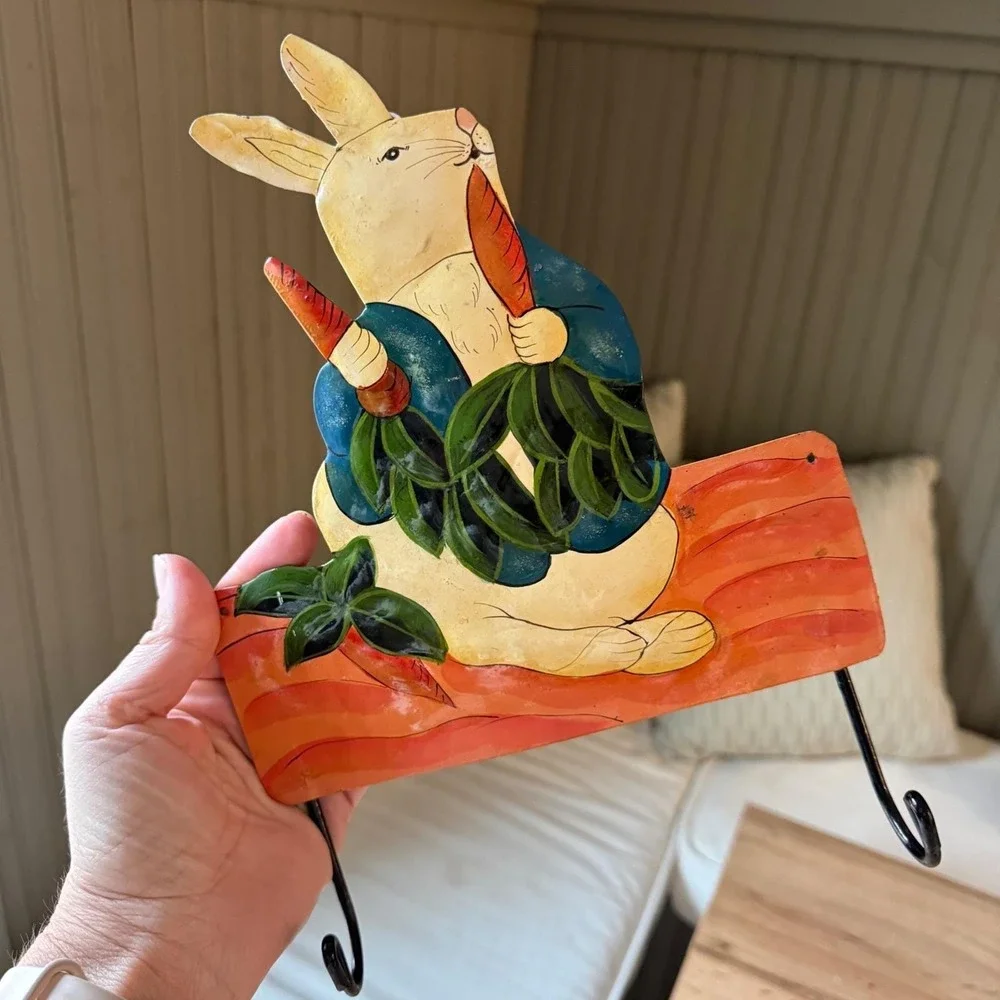 Enamel toleware Metal Rabbit Wall Hook Bunny with Carrots Folk Art Decor 12x8